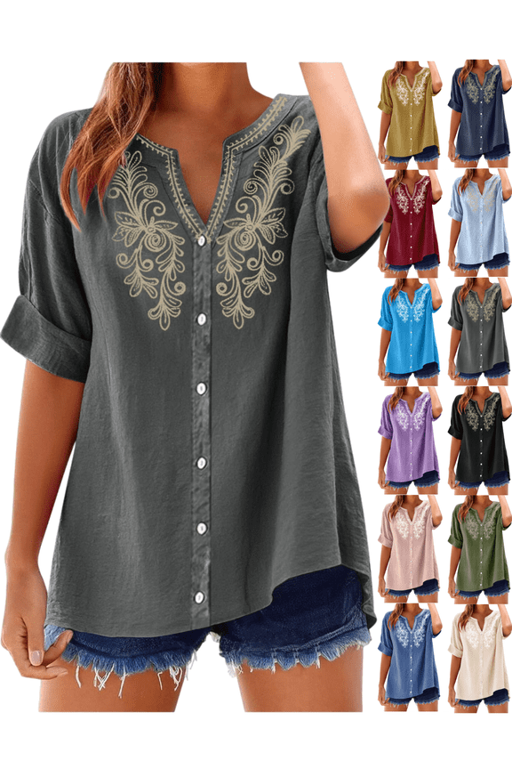 Casual Boho Women Short Sleeve Tunic Tops Cotton Linen V Neck Button Down Embroidered Shirts Flowy Loose Fit Summer Blouse Vacation Work Everyday Wear