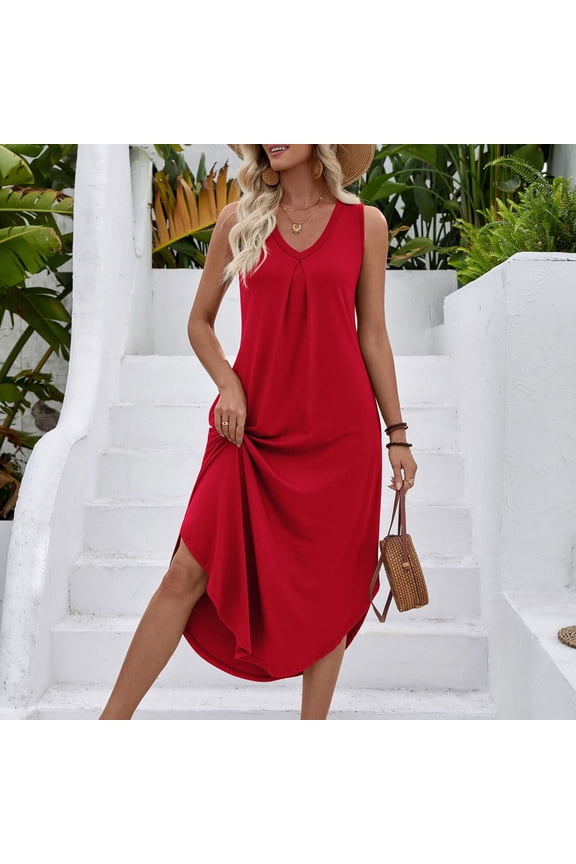 Casual Chic Dress for Women Midi A Line V Neck Sleeveless Summer Sundress Solid Color High Low Curved Hem Flowy Flattering Beach Daily Vacation Casual Loungewear Wear