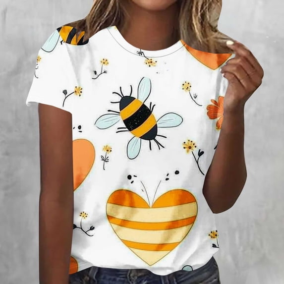 Xdegoge Casual Crewneck Short Sleeve T Shirts for Women Everyday Wear Loose Fit Sunflower Honey Bee Graphic Print Lightweight Breathable Spring Summer Basic Tops