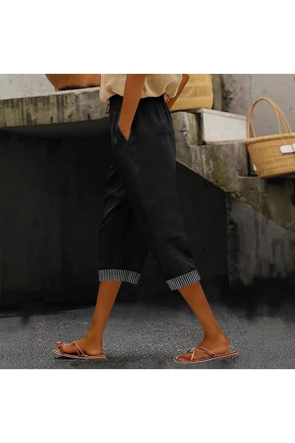 Casual Cropped Pants for Women Drawstring Elastic Waist Capris with Pockets Striped Cuffed Hem Lightweight Comfy Lounge Beach Trousers Summer Everyday Wear