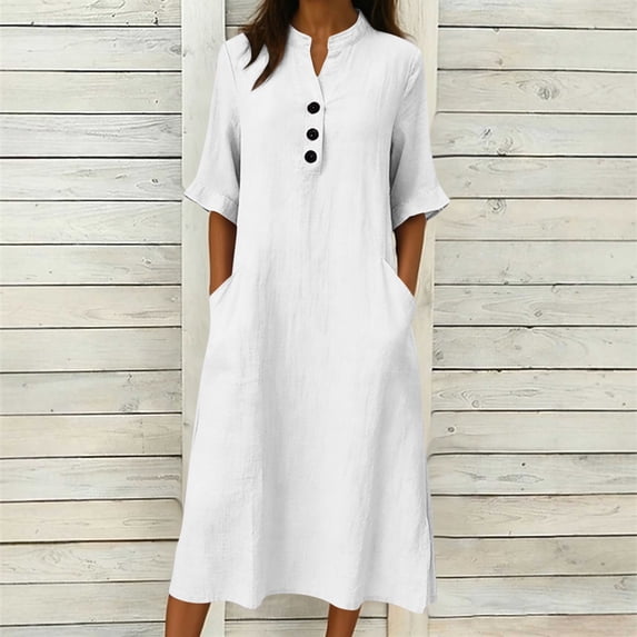 Xdegoge Casual Dress for Women Loose Fit Flowy Half Sleeve V Neck Boho Dresses Button Down with Pockets Long Dress Casual Office Beach Holiday Wear