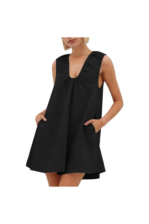 Casual Dress for Women Loose Fit Plunge V-Neck Short Dresses Sleeveless Shift Dress Ruched Detail Solid Color Basic Summer Daily Wear