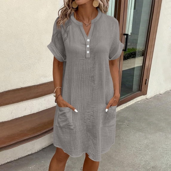 Xdegoge Casual Dress for Women Loose Fit Short Sleeve Split V-Neck Shift Dress Button Down Knee Length Dresses Solid Color Office Work