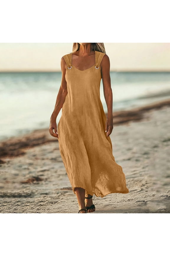 Casual Dress for Women Loose Fit Sleeveless U Neck Flowy Beach Dresses Solid Color Long Dress Casual Summer Vacation Holiday Wear