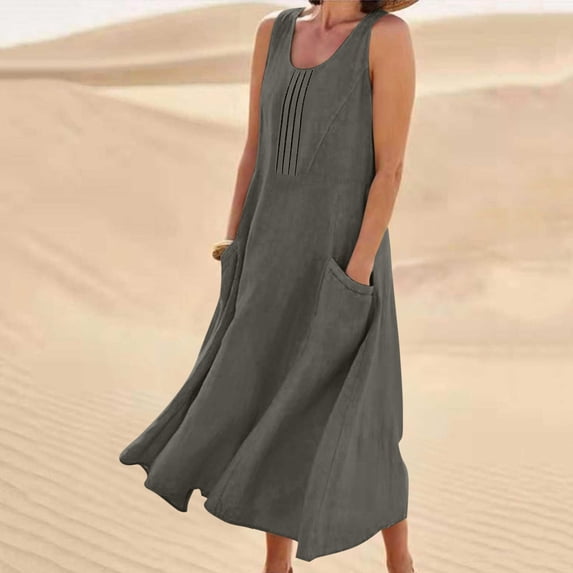 Xdegoge Casual Dress for Women Loose Flowy Scoop Neck Slip Dress Sleeveless Maxi Dress Pintuck Detail Solid Color Summer Daily Lounge Beach Vacation