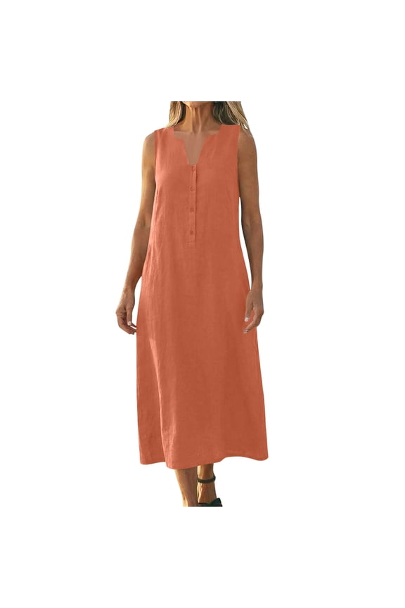 Casual Dresses for Women Loose Fit Sleeveless Notch V-Neck Tank Dress Henley Button Down Solid Color Shift Midi Beach Dress Spring Vacation Wear
