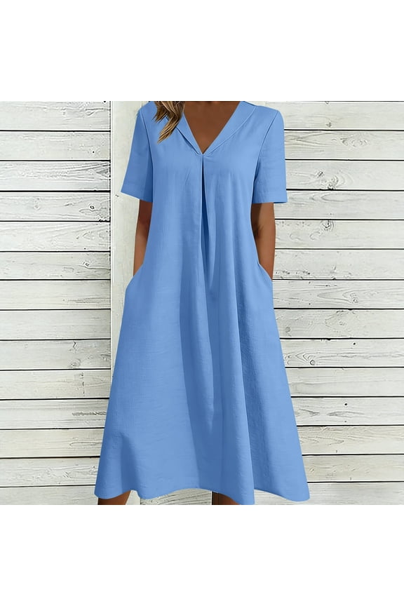 Casual Dresses for Women Loose Fit Notch V-Neck Midi Dresses Short Sleeve Shift Dress Denim Texture Front Pleat Side Pockets Office Wear