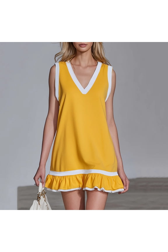 Casual Dresses for Women Loose Fit V-Neck Short Dress Sleeveless Shift Dress Contrast Color Block Ruffle Hem Basic Daily Lounge Holiday Wear