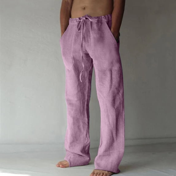 Xdegoge Casual Linen Pants for Men Elastic Waist Drawstring Relaxed Fit Trousers with Deep Pockets Lightweight Breathable Beach Summer Vacation Yoga Lounge Bottoms
