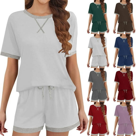 Xdegoge Casual Outfits for Women 2 Piece Sets Cotton Summer Matching Clothes Short Sleeve Crewneck Comfy Tops Color Block T-Shirt Drawstring Elastic Waist Shorts Pants Slouchy Fashion Loungewear