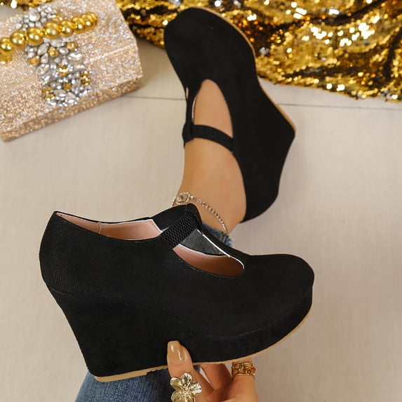 Xdegoge Casual Shoes for Women High Wedge Heel Platform Pumps Elegant T Strap Ankle Buckle Round Toe Dressy Party Office Fashion Comfort Summer Footwear