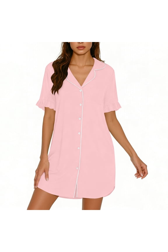 Casual Sleepwear Dress for Women Mini Shift V Neck Short Sleeve Summer Dress Button Down Solid Lounge Nightgown