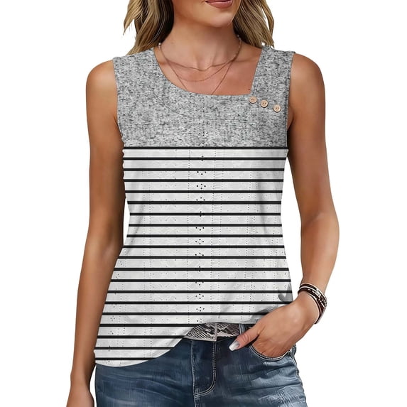 Xdegoge Casual Sleeveless Square Neck Tank Tops for Women Abstract Geometric Print Shirts Loose Fit Asymmetrical Button Detail Blouses Summer Daily Wear Lightweight Soft Tops