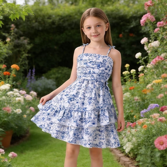 Xdegoge Casual Summer Kids Girls Dress Knee Length Tiered Spaghetti Strap Tween Sundress Floral Smocked Flowy Beach Vacation for Teen