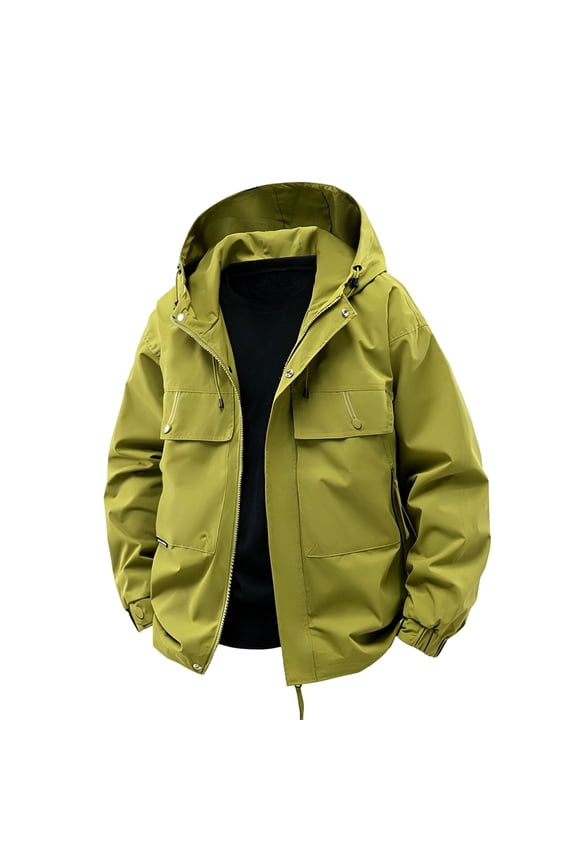 Casual Utility Cargo Jacket for Men Hooded Windbreaker with Multi Pockets Zip Up Snap Button Lightweight Outdoor Military Coat for Hiking Safari Travel
