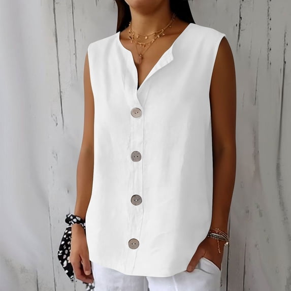 Xdegoge Casual V Neck Sleeveless Blouses for Women Cotton Linen Button Up Tank Tops Relaxed Fit Summer Camisoles Flowy Shirts Lightweight Daily Work Office Wear