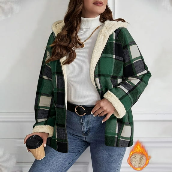Xdegoge Checkered Coat for Wowomen Longsleeve Zip Up Hooded Sweatshirt Thick Fleece Lined Casual Thermal Jacket Color Blocking Patchwork Overcoat for Fall Winter