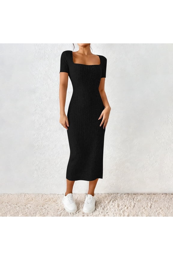 Chic Bodycon Dress for Women Midi Square Neck Short Sleeve Summer Dress Ribbed Knit Side Split Casual Party