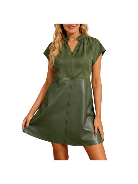 Chic Faux Leather Dress for Women Mini Shift V Neck Sleeveless Sundress Solid Suede Splice Party Club Work