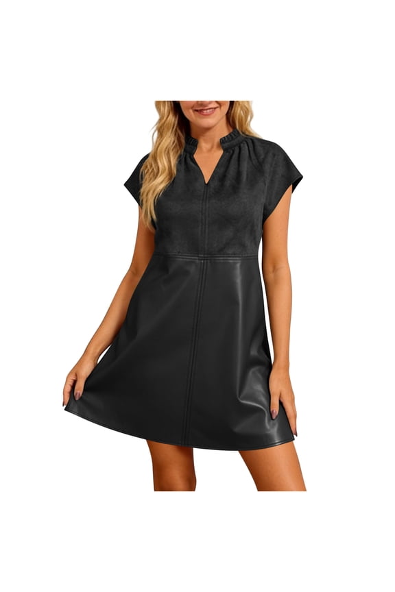 Chic Faux Leather Dress for Women Mini Shift V Neck Sleeveless Sundress Solid Suede Splice Party Club Work