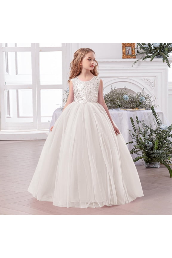 Chic Kids Girls Dress Maxi Ball Gown Sleeveless Tween Sundress Sequin Tulle Solid Wedding Pageant Party Wear for Teen