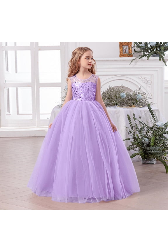 Chic Kids Girls Dress Maxi Ball Gown Sleeveless Tween Sundress Sequin Tulle Solid Wedding Pageant Party Wear for Teen