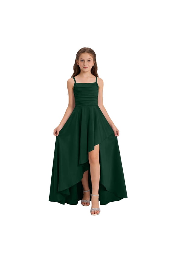 Chic Kids Girls Party Dress High Low Asymmetrical Swing Tween Spaghetti Strap Square Neck Pleated Bodice Satin Evening Gown Solid Flowy Cute Birthday Dance Outfit for Teen