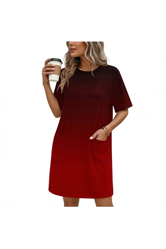 Chic Ombre T Shirt Dress for Women Knee Length Shift Crewneck Short Sleeve Summer Sundress with Pockets Lightweight Flowy Vacation Beach Casual Daily Wear