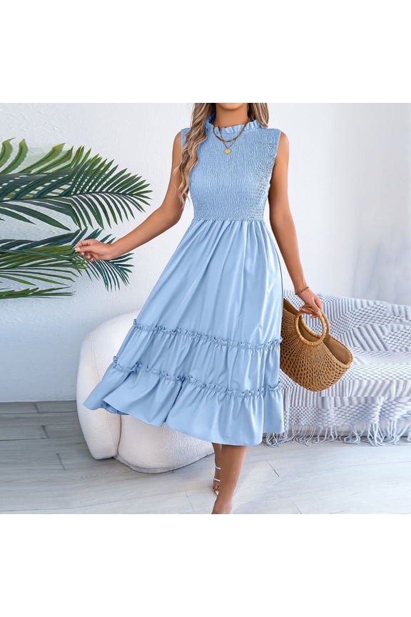 Chic Vintage Dress for Women Midi Tiered Mock Neck Sleeveless Summer Sundress Smocked Bodice Solid Color Flowy Flattering Wedding Guest Holiday Formal Modest Party Wear