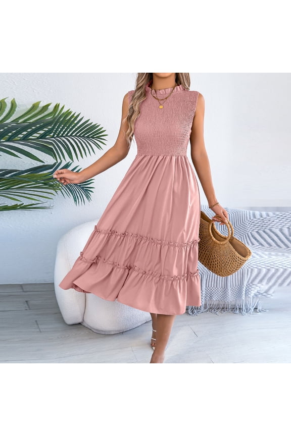 Chic Vintage Dress for Women Midi Tiered Mock Neck Sleeveless Summer Sundress Smocked Bodice Solid Color Flowy Flattering Wedding Guest Holiday Formal Modest Party Wear