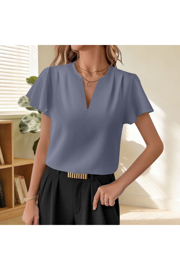 Chiffon Blouses for Women Split V Neck Short Flutter Sleeve Dressy office Workwear Loose Fit Solid Pattern Lightweight Flowy Spring Summer Tops