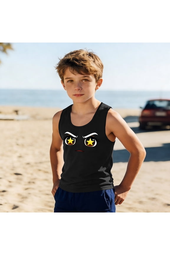 Children Boys Cute Graphic Muscle Tank Fierce Anime Star Eyes Print Sleeveless Casual Playwear School Tops Durable Breathable Summer Athletic Clothing Apparel