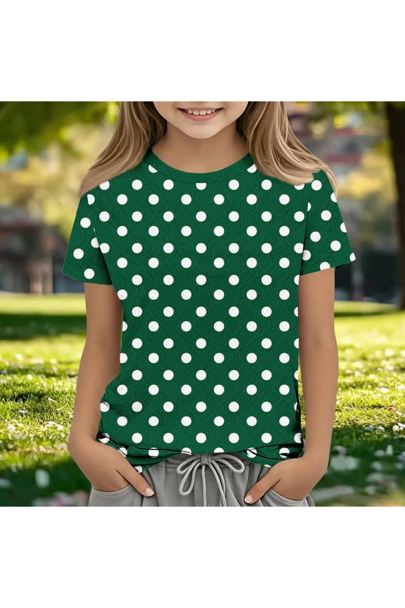 Children Girls Short Sleeve T Shirt Casual Basic Polka Dot Pattern Print Soft Breathable Lightweight School Activewear Tops Summer Playwear Daily Outfit Clothes
