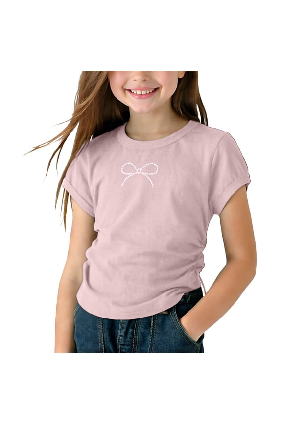 Children Girls Short Sleeve T Shirts Casual Basic Rhinestone Bow Print Crewneck Tees Soft Stretchy Cotton Blend Everyday Activewear School Playwear Tops