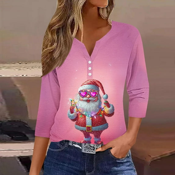 Xdegoge Christmas 3/4 Sleeve T Shirts for Women V Neck Button Down Xmas Tops Holiday Party Outfits Dressy Casual Blouses Cute Print Fashion Tee Shirt