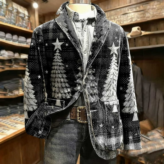 Xdegoge Christmas Blazer Men Holiday Corduroy Dinner Jackets Plus Size Sport Coats Xmas Santa Jacket Funny Outfits Party Suits Snowflake Print One Button Lapel Blazers with Pockets