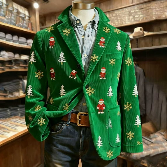 Xdegoge Christmas Blazer Men Holiday Corduroy Dinner Jackets Plus Size Sport Coats Xmas Santa Jacket Funny Outfits Party Suits Snowflake Print One Button Lapel Blazers with Pockets