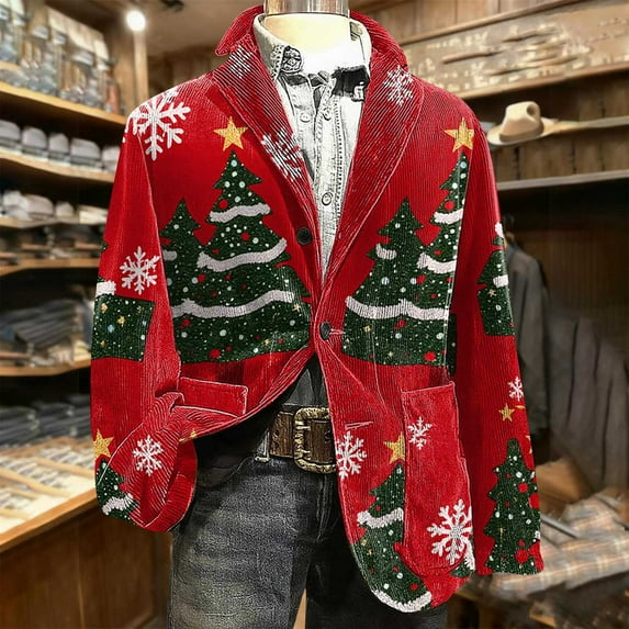 Xdegoge Christmas Blazer Men Holiday Corduroy Dinner Jackets Plus Size Sport Coats Xmas Santa Jacket Funny Outfits Party Suits Snowflake Print One Button Lapel Blazers with Pockets
