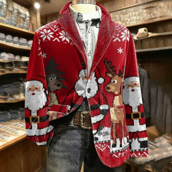 Xdegoge Christmas Blazer Men Holiday Corduroy Dinner Jackets Plus Size Sport Coats Xmas Santa Jacket Funny Outfits Party Suits Snowflake Print One Button Lapel Blazers with Pockets