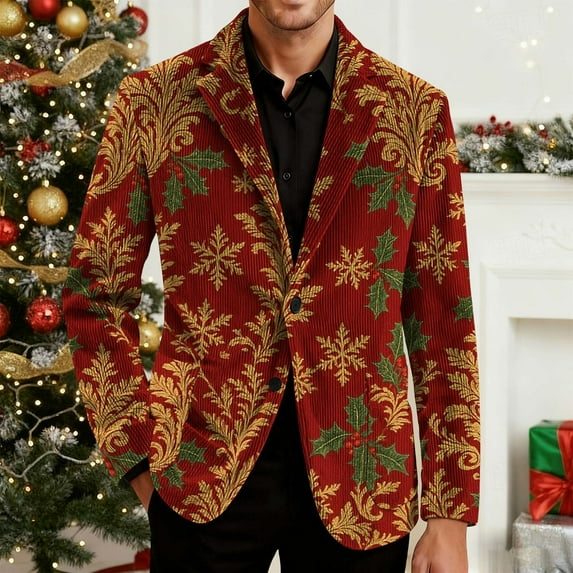 Xdegoge Christmas Blazer Men Sport Coat Plus Size Corduroy Blazers Jackets Holiday Party Suit Xmas Snowflake Santa Coats Print Button Down Lapel Jacket with Pockets