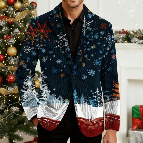 Xdegoge Christmas Blazer Men Sport Coat Plus Size Corduroy Blazers Jackets Holiday Party Suit Xmas Snowflake Santa Coats Print Button Down Lapel Jacket with Pockets