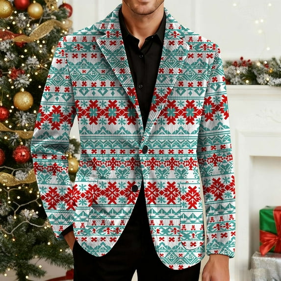 Xdegoge Christmas Blazer Men Sport Coat Plus Size Corduroy Blazers Jackets Holiday Party Suit Xmas Snowflake Santa Coats Print Button Down Lapel Jacket with Pockets
