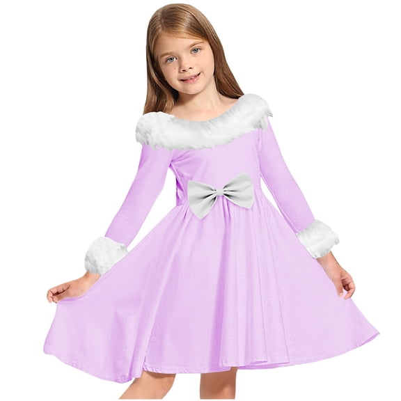 Xdegoge Christmas Dress for Girls Midi Long Sleeve A-Line Dresses with Faux-Fur Trim And Bow Holiday Party Wear Festive Outfit
