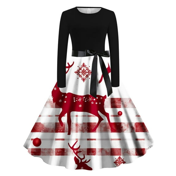 Xdegoge Christmas Dresses for Women 2025 Xmas Tree Print A Line Elegant Cocktail Midi Dress Tunic Long Sleeve Crewneck Vintage Evening Gowns Holiday Festive Party Guest Outfits with Belt