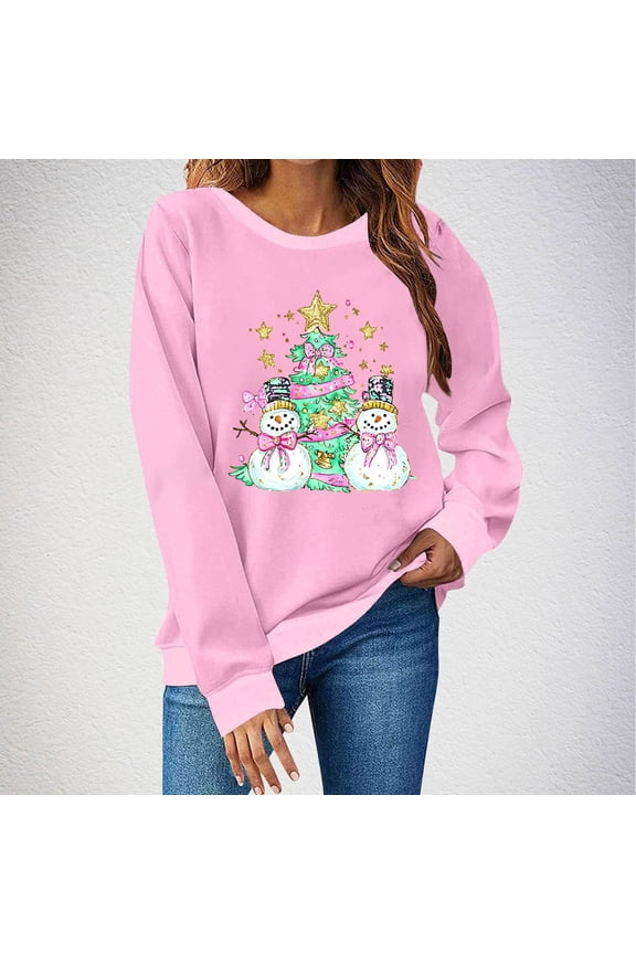 Christmas Long Sleeve Shirt for Women Christmas Tree Graphic Sweatshirt Funny Snowman Tops Casual Loose Fitting Pullover Fashion Sweatshirts