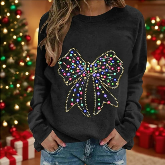 Xdegoge Christmas Pullover for Women Christmas Cute Bow Print Tops Long Sleeve Round Neck Sweatshirt Xmas Gift Tops Casual Loose Fitting Sweatshirts