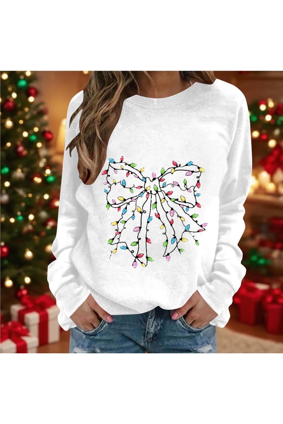 Christmas Sweatshirt for Women Long Sleeve Round Neck Pullover Xmas Cute Bow Print Top Casual Loose Fitting Holiday Shirts Christmas Themed Outfits