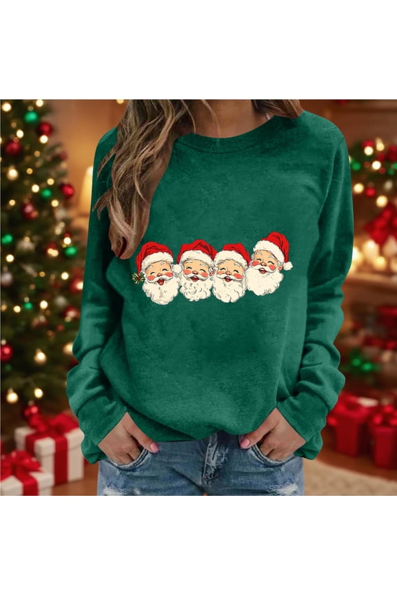Christmas Sweatshirts for Women Santa Claus Print Sweatshirt Vintage Xmas Long Sleeve Round Neck Pullover Casual Loose Fitting Tops Xmas Style Clothing