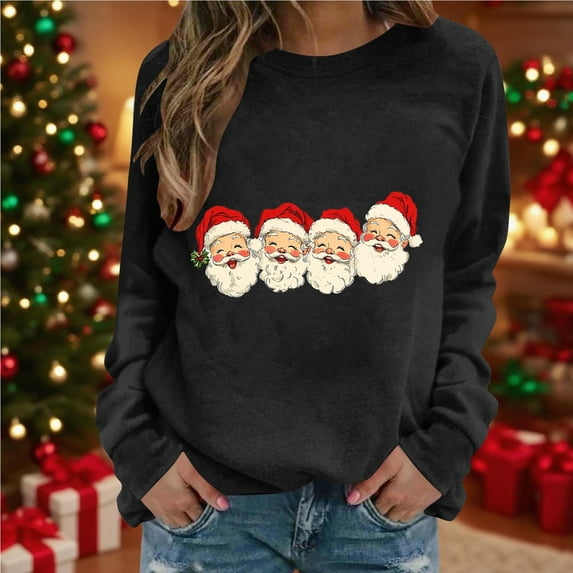 Xdegoge Christmas Sweatshirts for Women Santa Claus Print Sweatshirt Vintage Xmas Long Sleeve Round Neck Pullover Casual Loose Fitting Tops Xmas Style Clothing