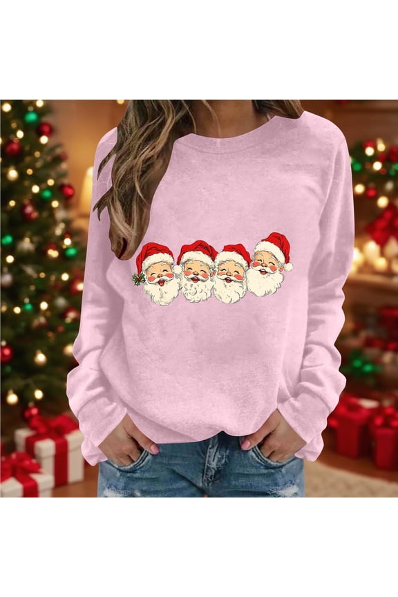 Christmas Sweatshirts for Women Santa Claus Print Sweatshirt Vintage Xmas Long Sleeve Round Neck Pullover Casual Loose Fitting Tops Xmas Style Clothing